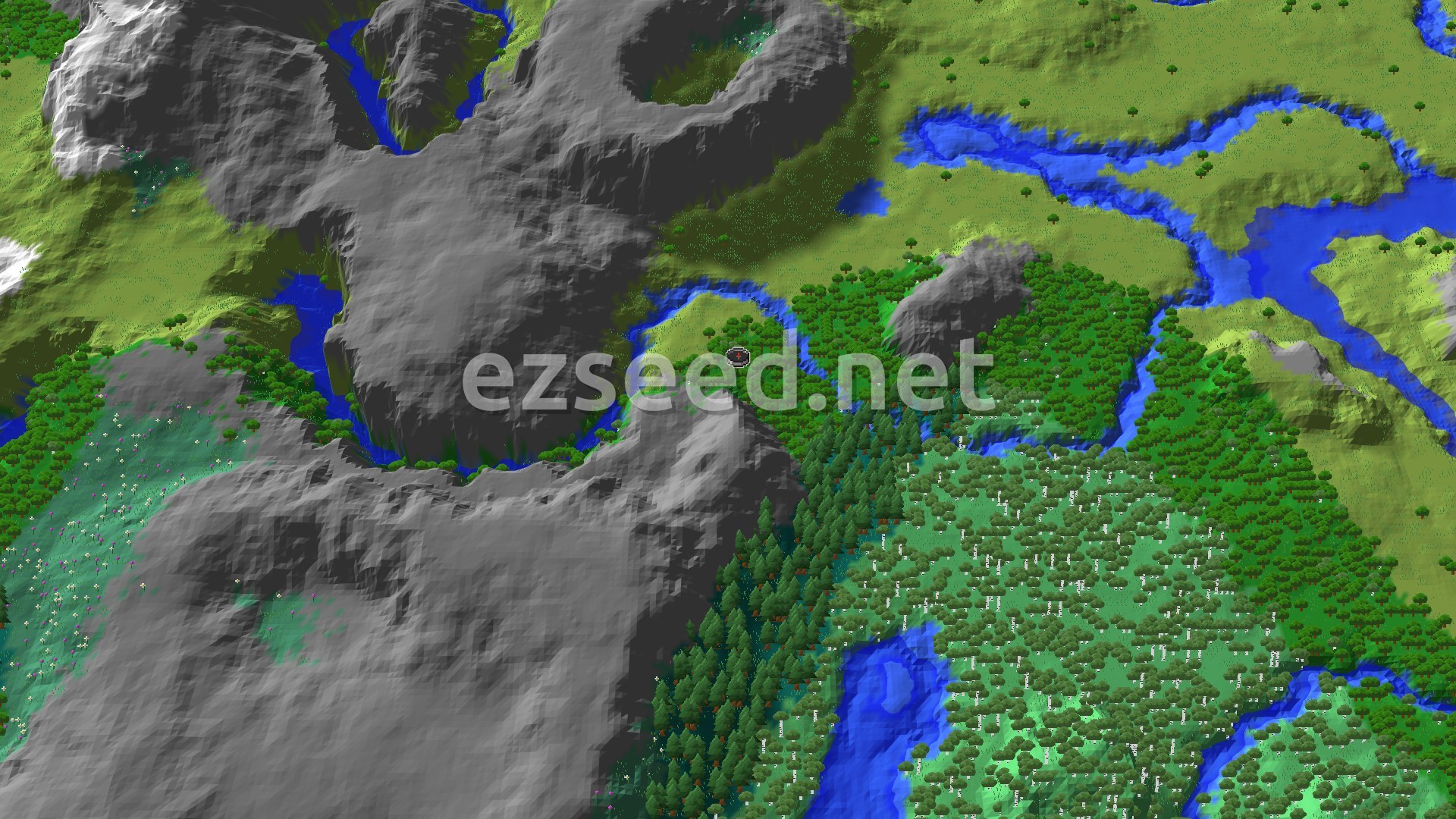An aerial view of a forest and a river winding through a mountainous landscape, with a small spawn marker in the center.