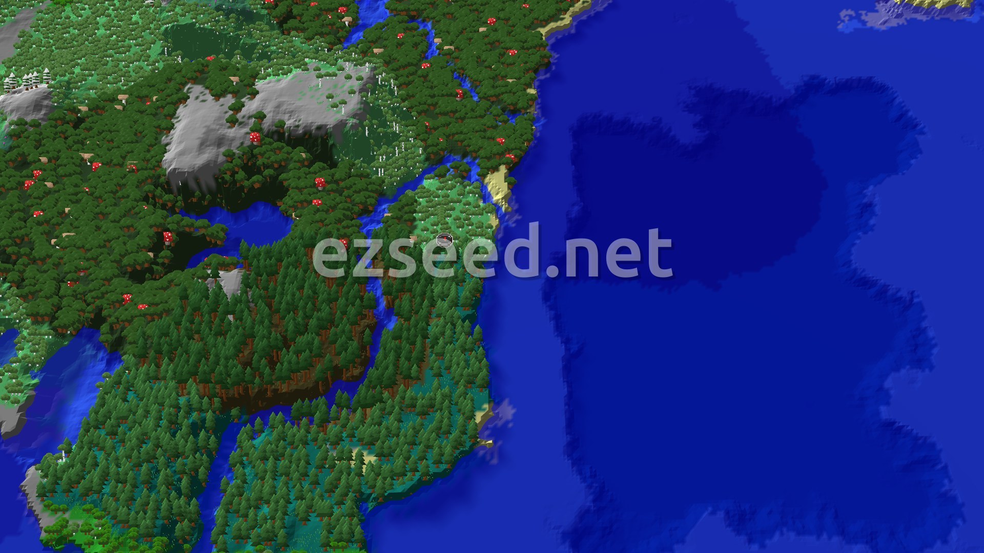 An aerial view shows a dense forest of various green trees, with patches of a darker forest, bordering a vast blue ocean. A winding river cuts through the trees and joins the ocean. A small snowy peak is visible in the upper left.