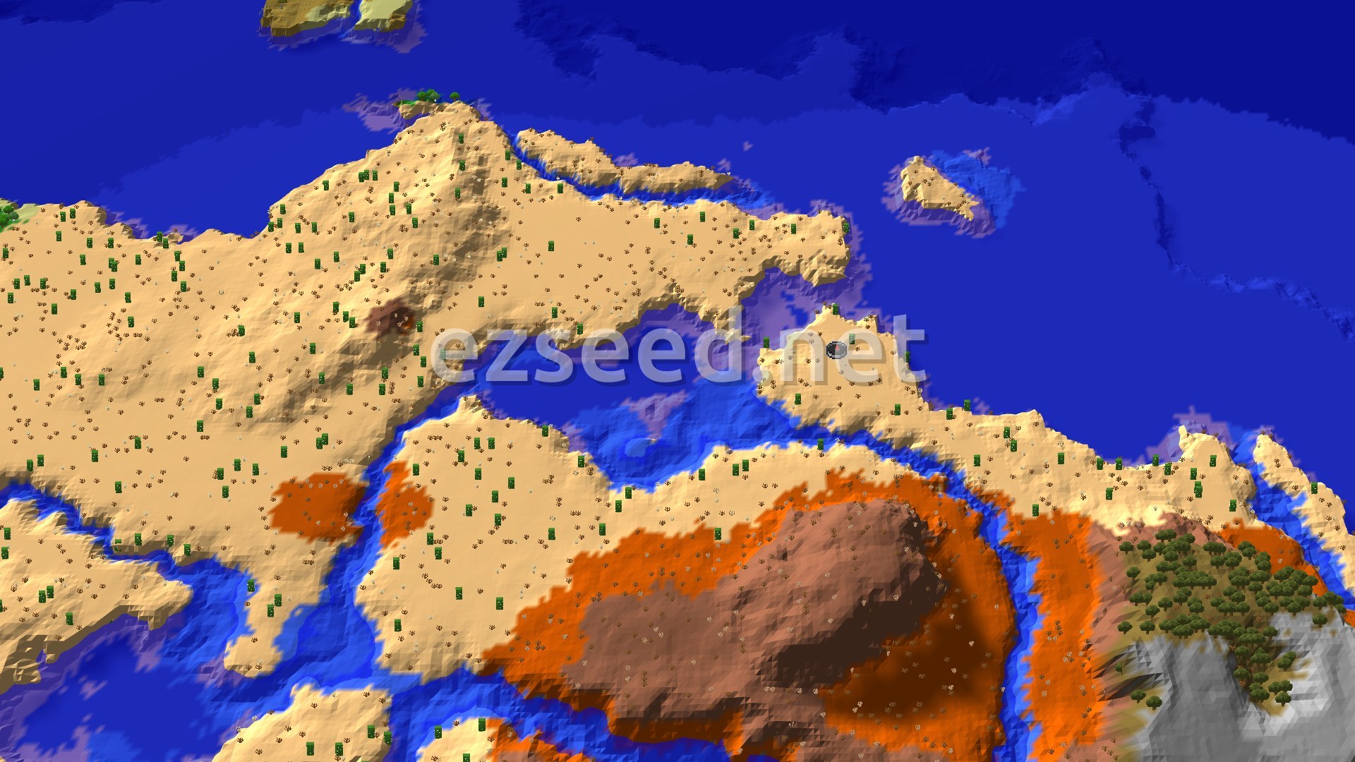 A bird's-eye view of a desert landscape meeting a wide ocean. Sparse green vegetation dots the sandy terrain, and a patch of reddish-brown badlands is visible in the distance.