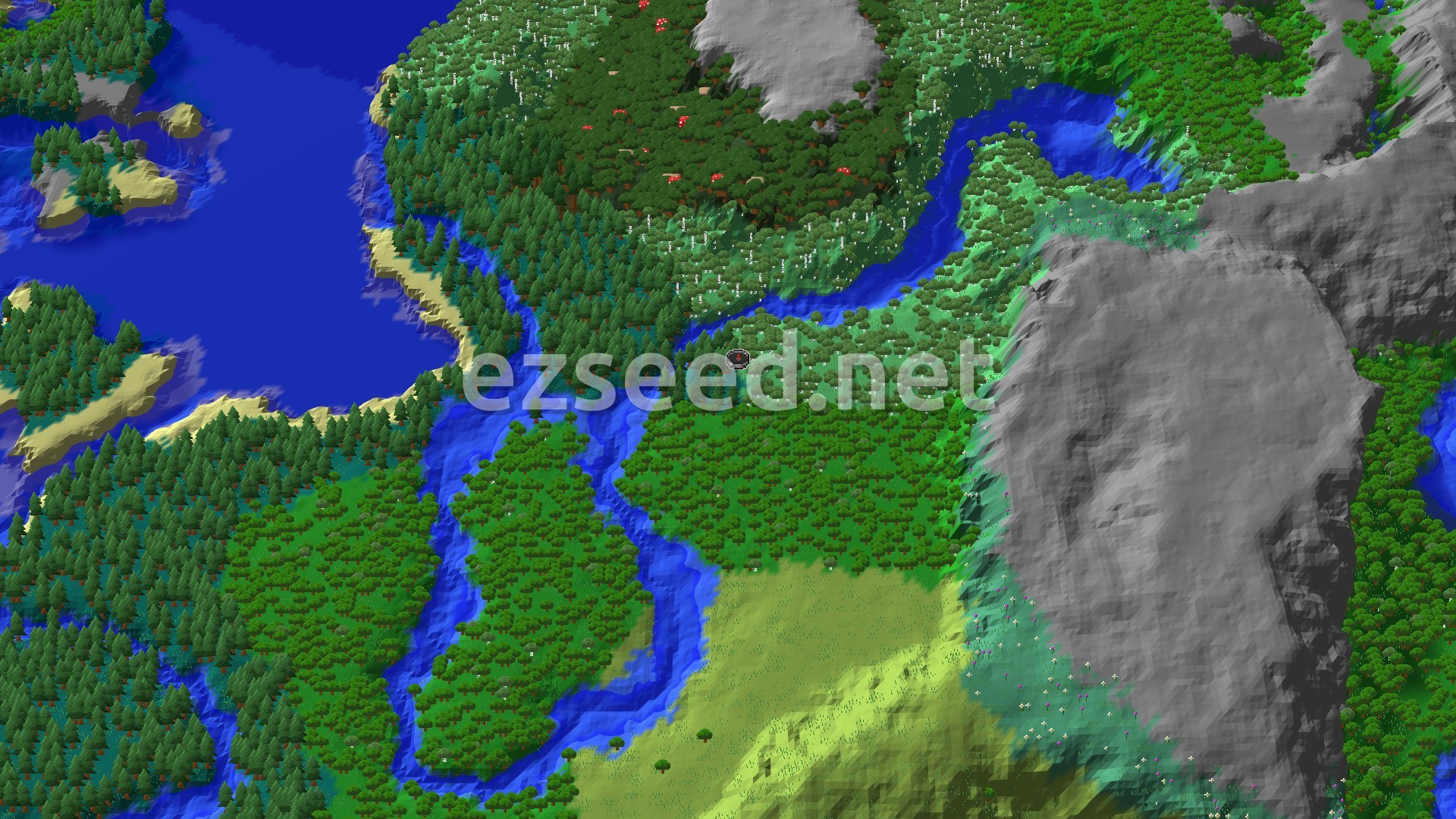 A bird's-eye view of a Minecraft landscape, showing a dense taiga forest surrounding a winding river, with beaches bordering a large ocean to the west and a gray mountain range to the east. A small spawn marker is visible in the forest.