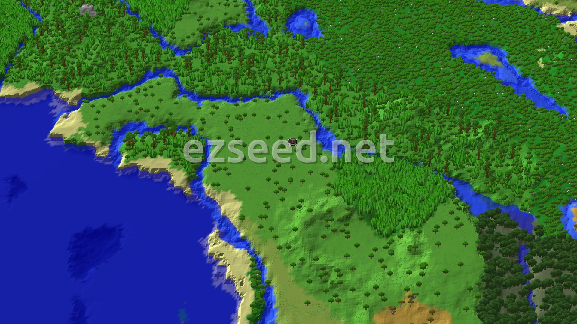 A bird's eye view of a varied landscape, featuring a large expanse of green jungle with scattered trees, a winding blue river, and sandy beaches bordering a deep blue ocean.