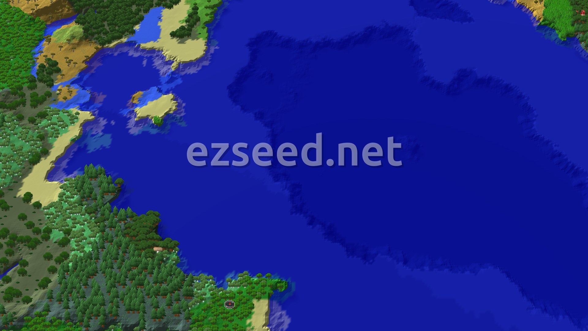 An aerial view of a seed showing dense forest, a winding river, and a large ocean with a small island. A spawn marker is visible in the lower right.