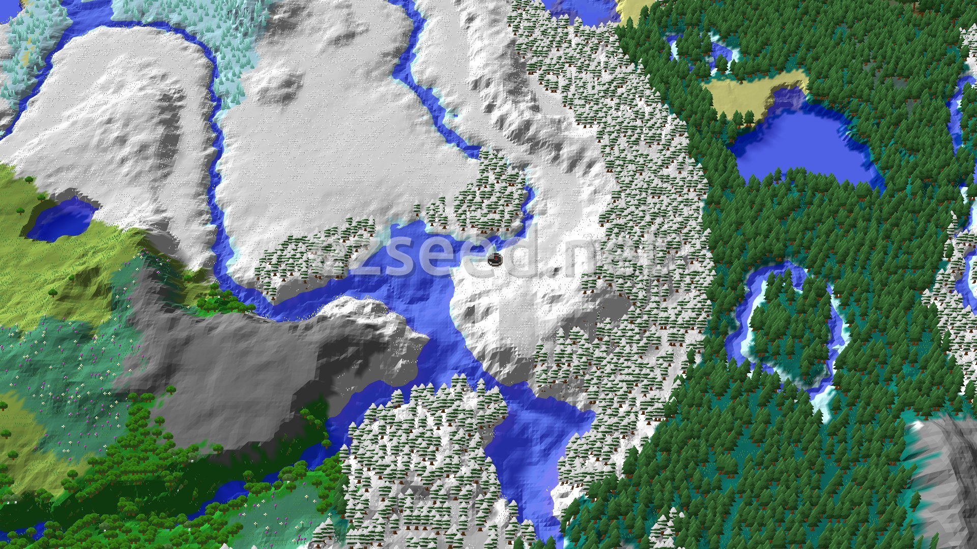 Aerial Minecraft seed map — Spawn in Snowy Plains With Igloo and Ancient City