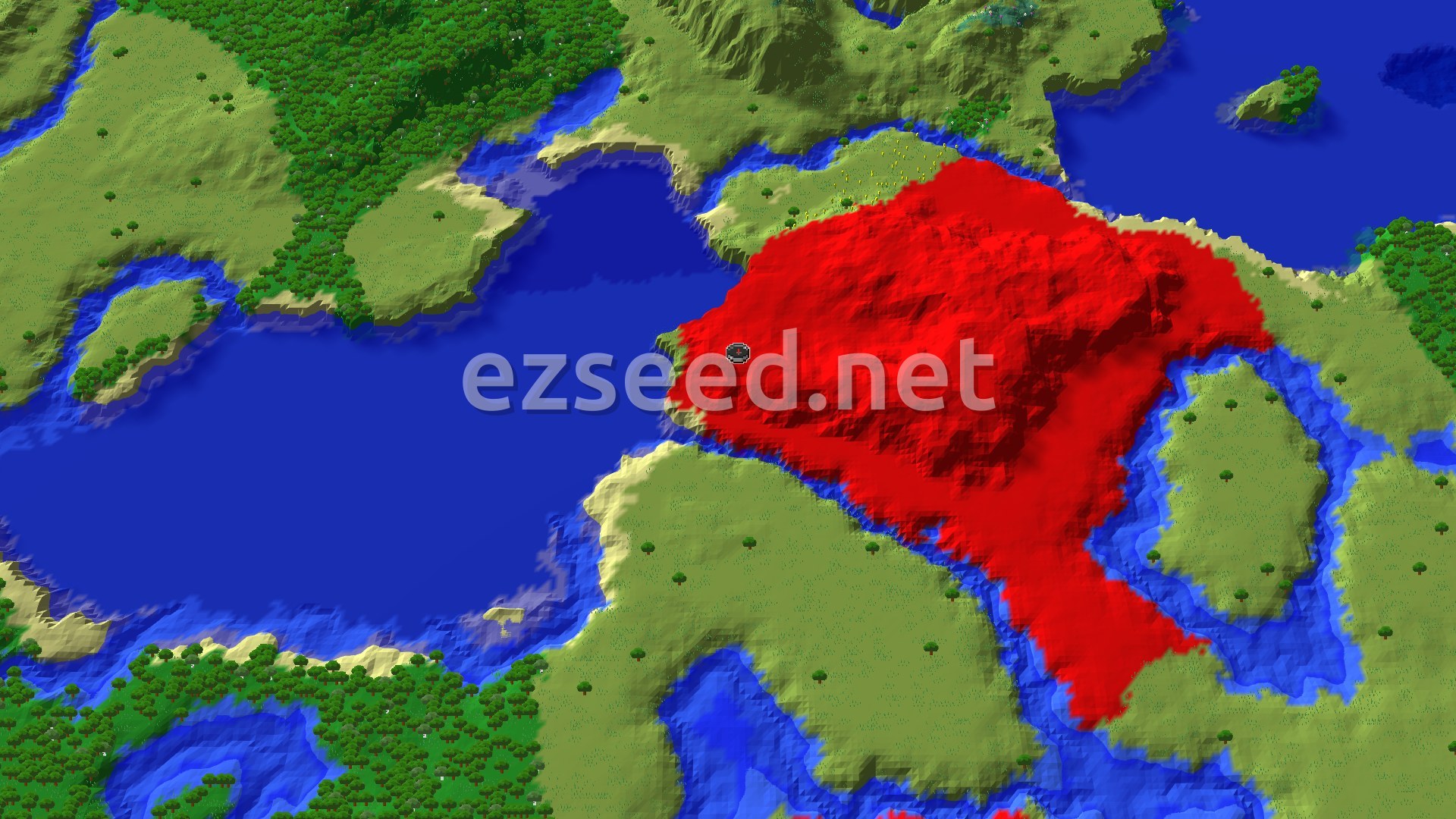 Aerial Minecraft seed map — Dappled Forest Island with Nearby Village