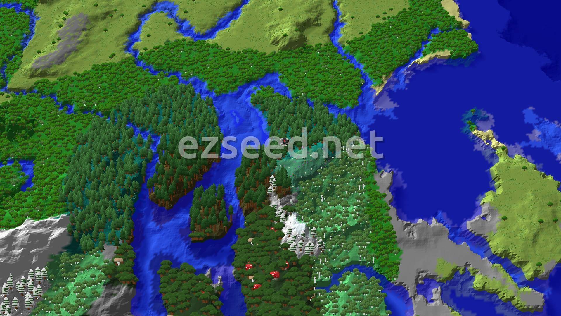 An aerial view of a varied landscape, featuring dense green forests, winding blue rivers, and a large ocean. Patches of lighter green fields and some snow-capped mountains are visible, with a small red spawn marker in the center.