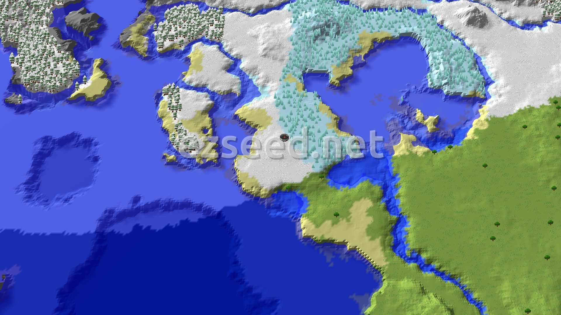 A 3D fly-over of a snow-covered, icy landscape with a small spawn marker in the center of a snowy plains biome, bordered by frozen oceans and taiga forests.