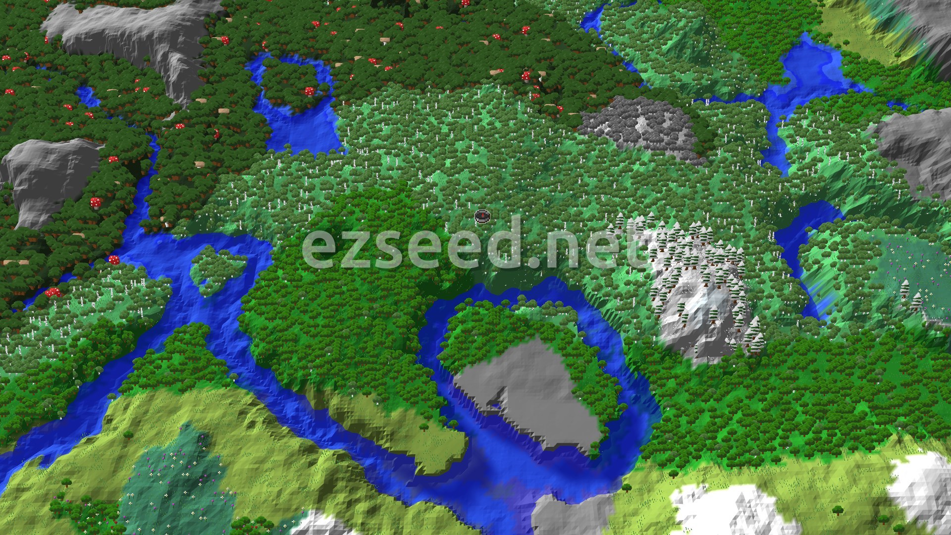 An aerial view of a varied landscape featuring a central Old Growth Birch Forest, surrounded by other dense forests, meandering rivers, and distant snow-capped mountains.