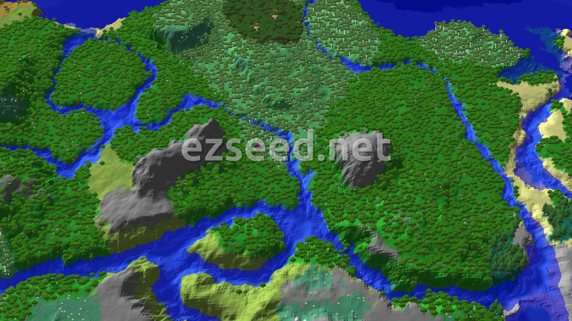 An overhead view of a diverse forest landscape with several winding rivers and some exposed grey rock faces. Patches of lighter green indicate meadows or plains, while darker green shows dense forest and some lighter green patches of birch trees. A large body of water is visible in the upper right.