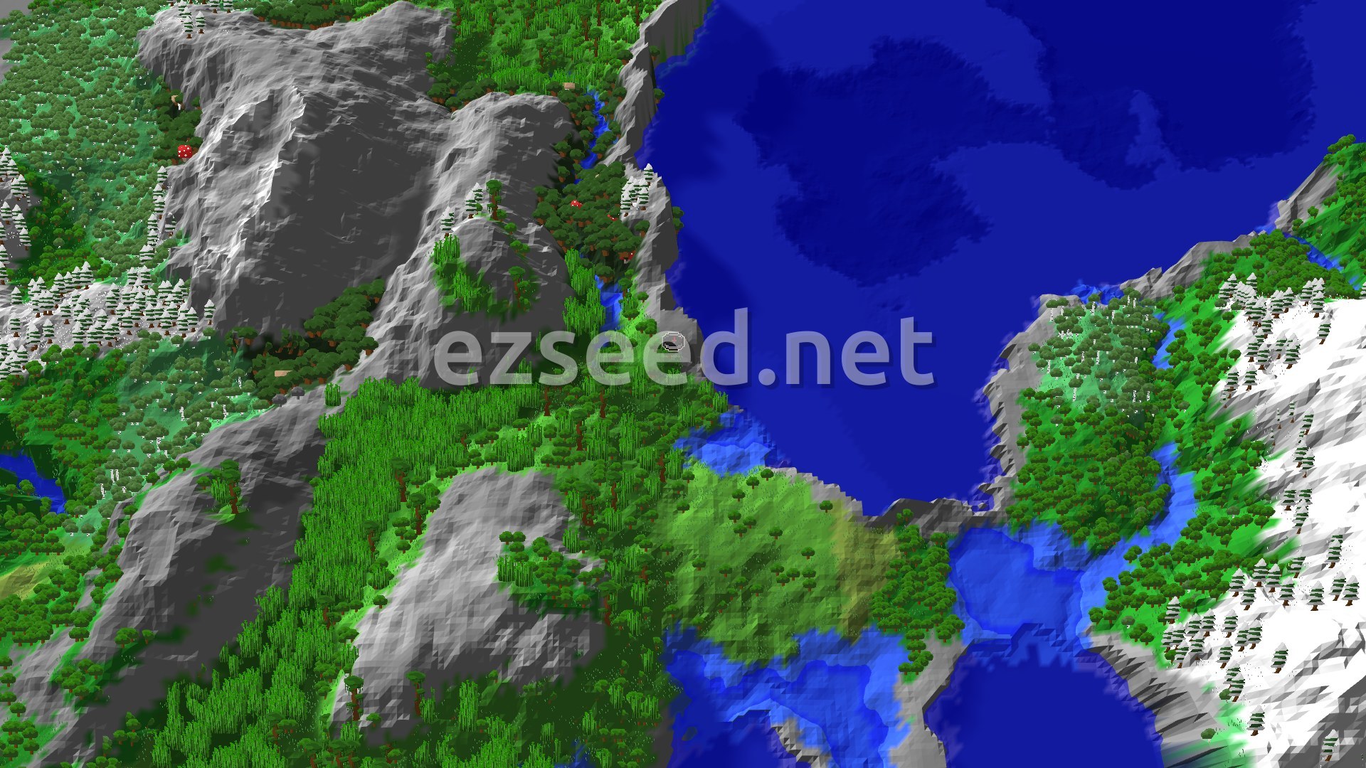 An aerial view of a varied landscape featuring a large body of blue water, a dense green jungle, and snow-capped grey mountains with scattered trees. A spawn marker is visible near the water's edge.