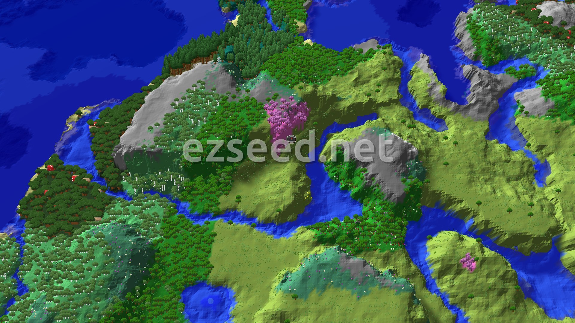 Aerial Minecraft seed map — Spawn Near Cherry Grove and Ancient City