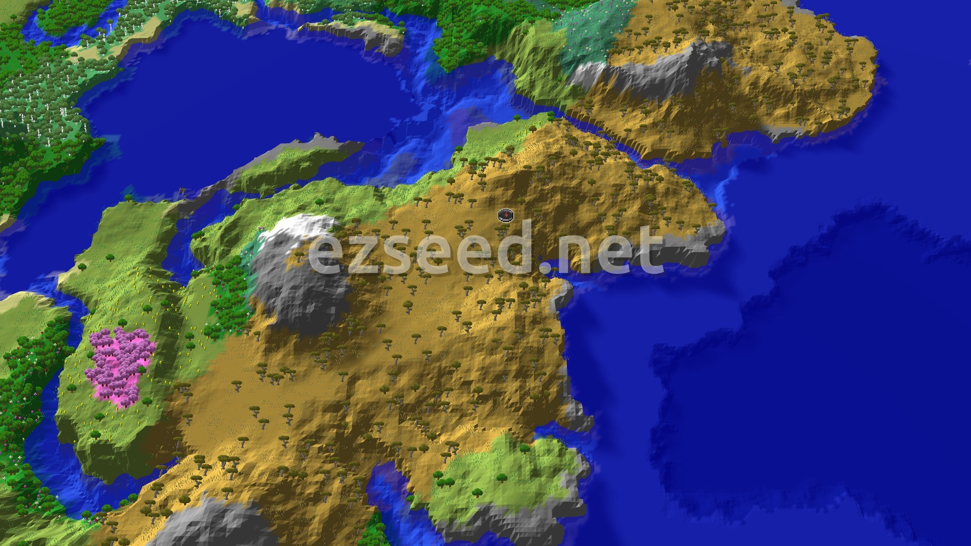 A 3D fly-over of savanna and plains terrain with scattered trees and a small lake.