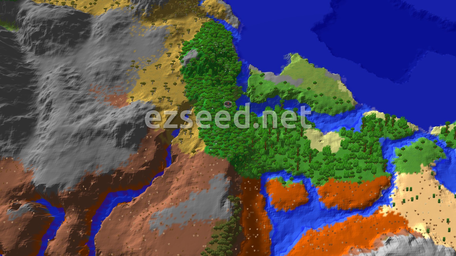 An aerial view of a Minecraft world with a central forest, surrounded by rivers, a large body of water, and various biomes including badlands and savannas.