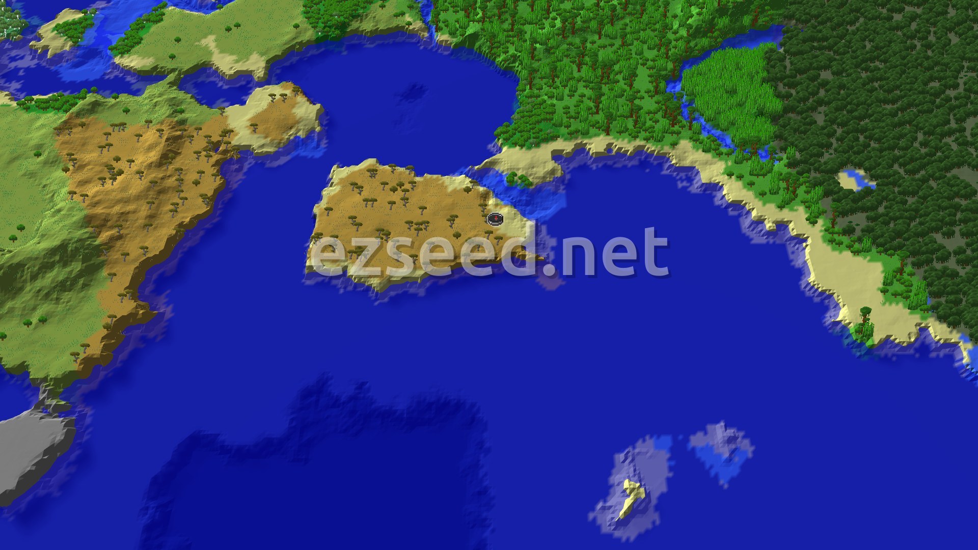 An overhead 3D render of a Minecraft world, showing a savanna biome with scattered acacia trees next to a large ocean, with a dense forest and river on the opposite shore. A spawn marker sits on the savanna coastline.