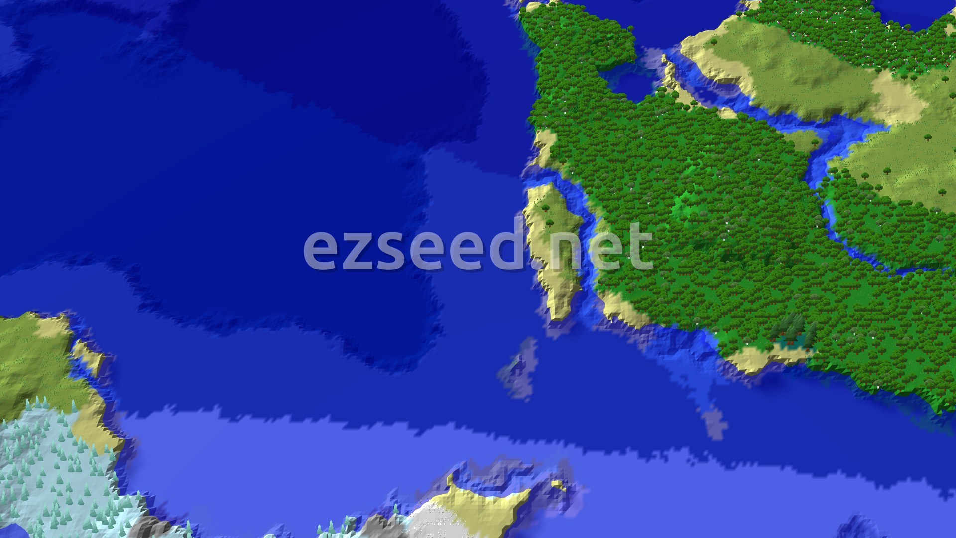 An aerial view showing a vast blue ocean with a large landmass to the east, featuring green forests, some sandy beaches, and a small area of snowy terrain to the south, marked with a small spawn indicator.