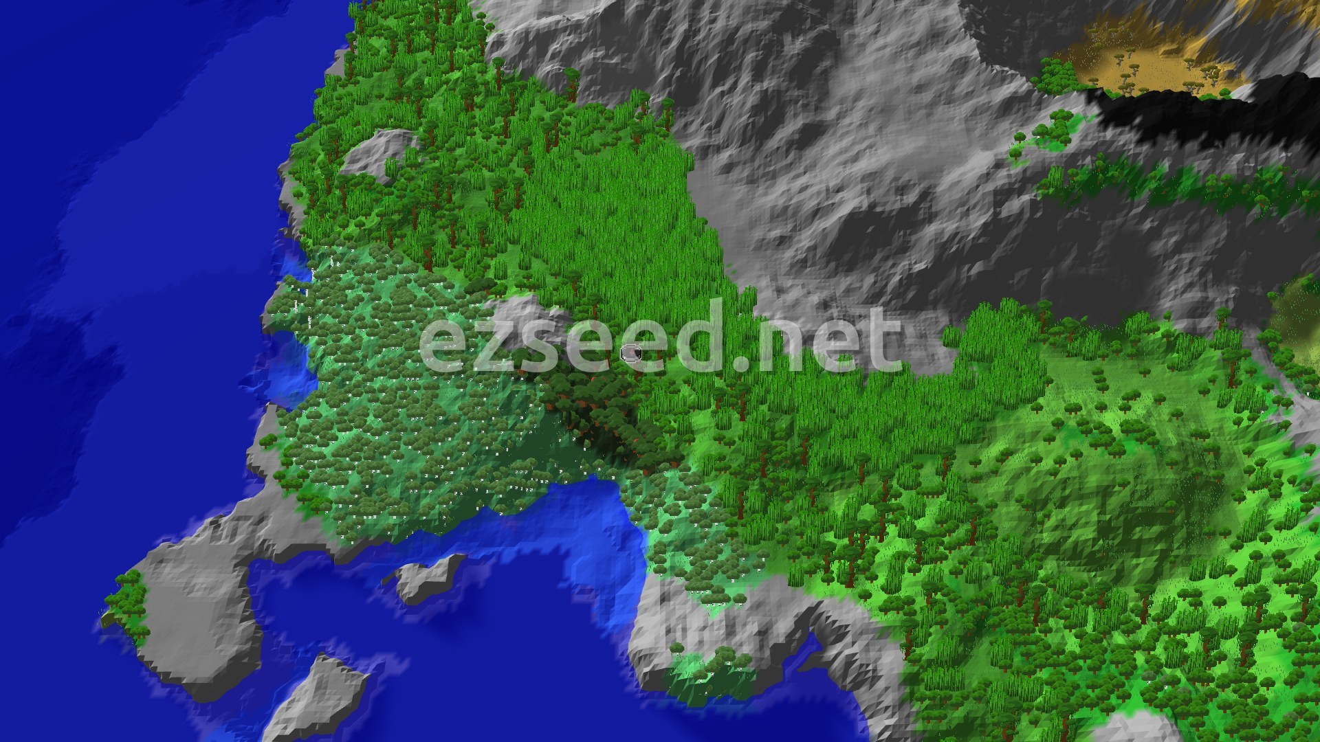 A bird's eye view of a dense jungle biome meeting tall, grey mountains on one side and a deep blue ocean on the other, with a small patch of desert visible in the distance.