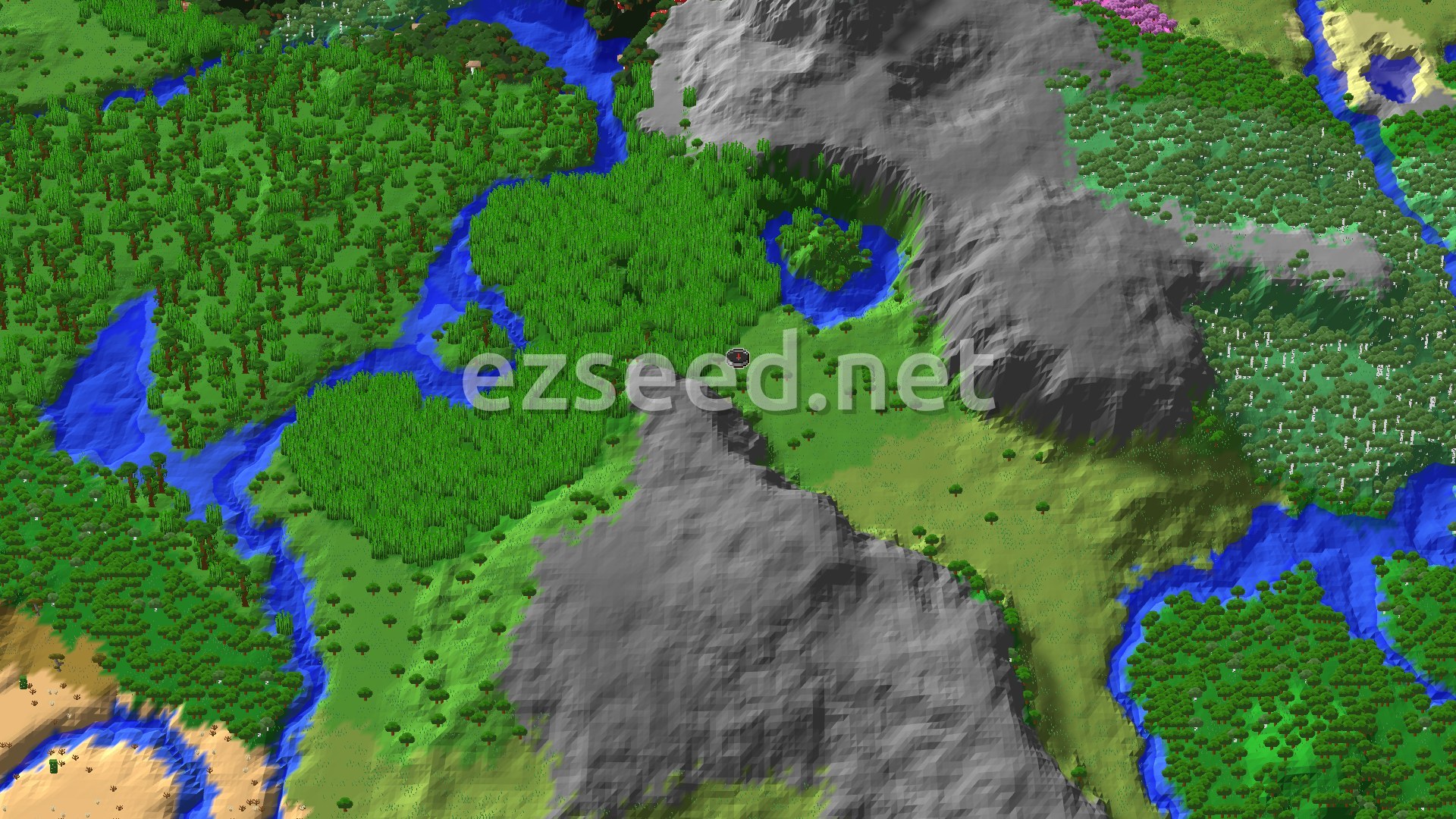An aerial view of a lush valley, with dense jungle foliage, a small river, and higher terrain forming a ring around the spawn point.