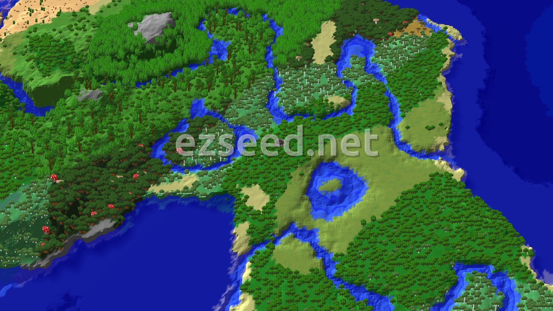 A bird's-eye view of a verdant landscape dominated by forests and rivers, with patches of plains and coastal areas bordering a large ocean. The spawn marker is visible amidst the trees.