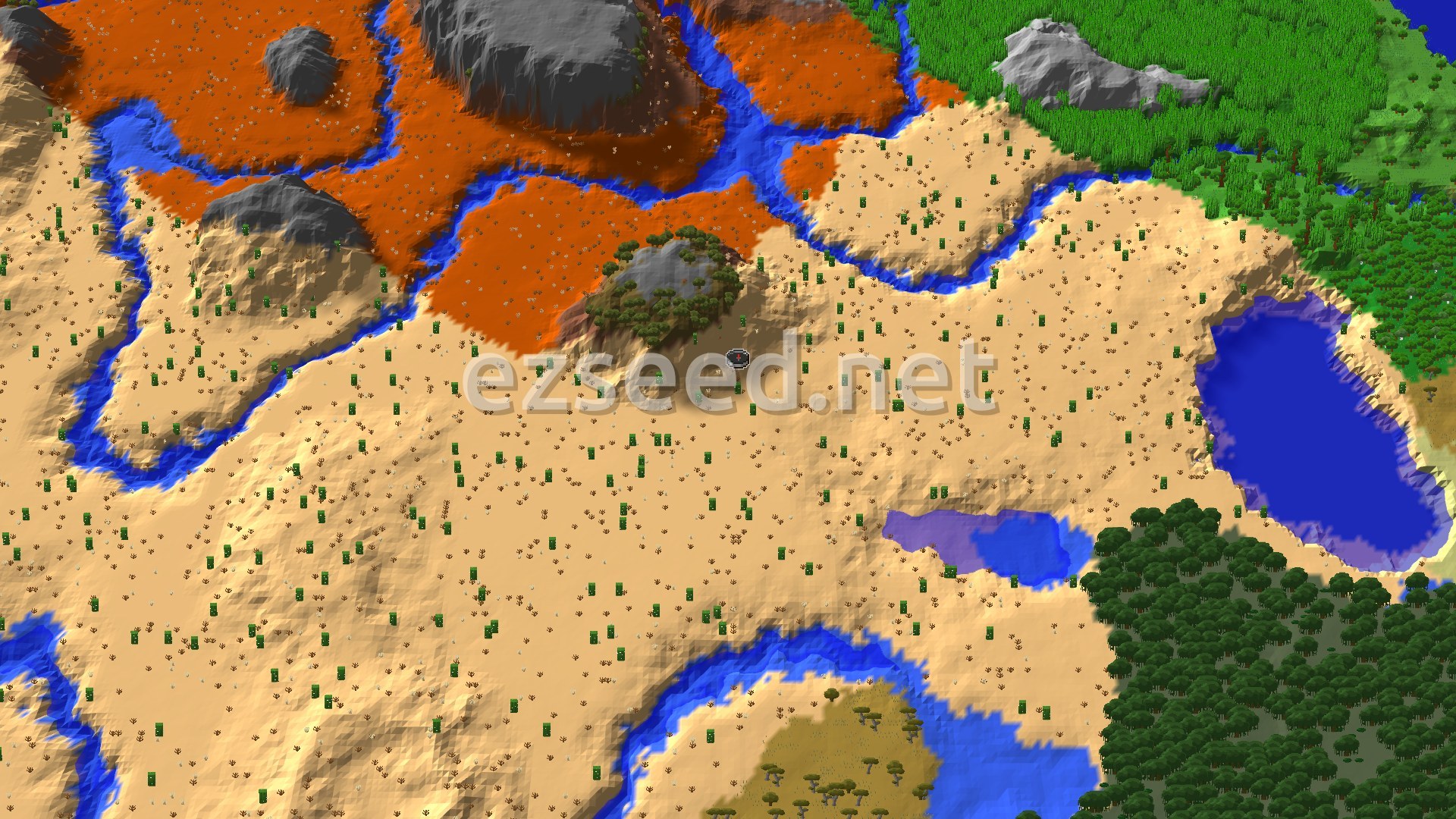 An aerial view of a desert landscape at spawn, flanked by badlands and a winding river, with distant jungles and mangrove swamps.