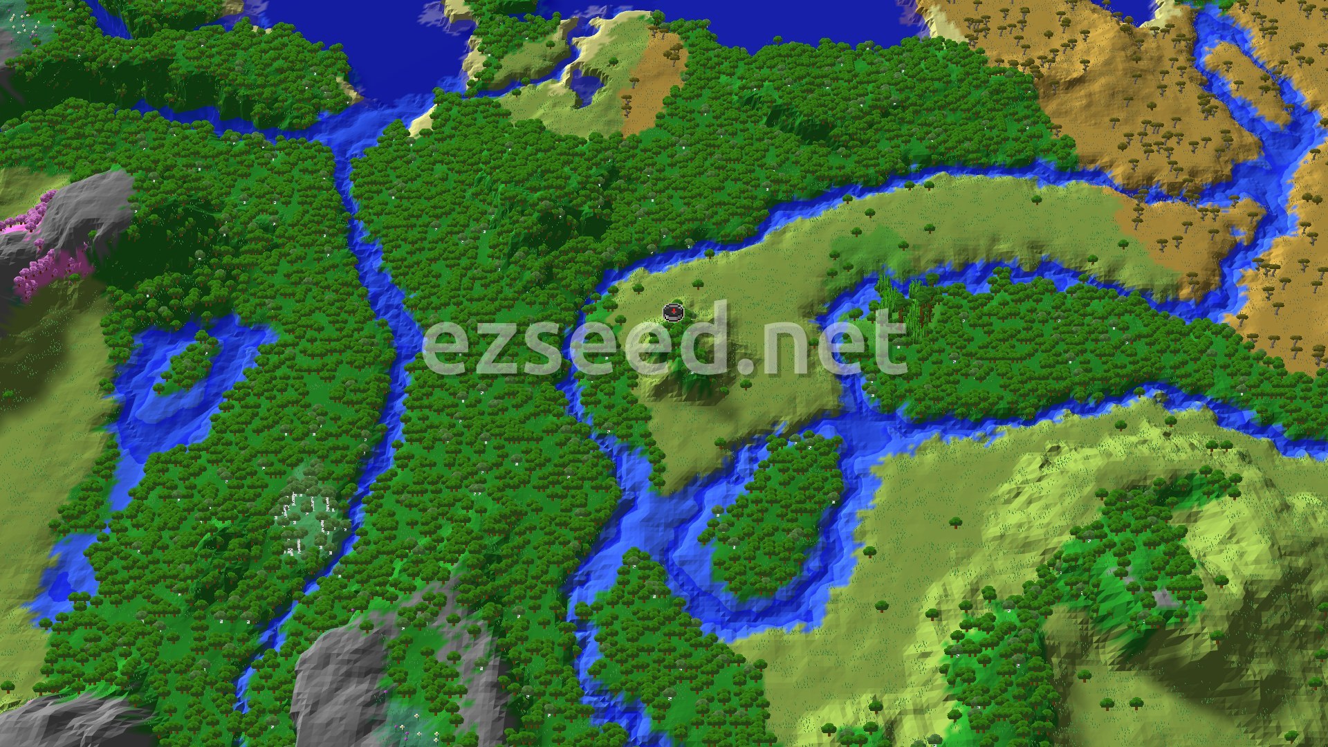 A 3D render of the seed's spawn area, showing a river winding through dense forest and plains, with some hills and a small spawn marker.