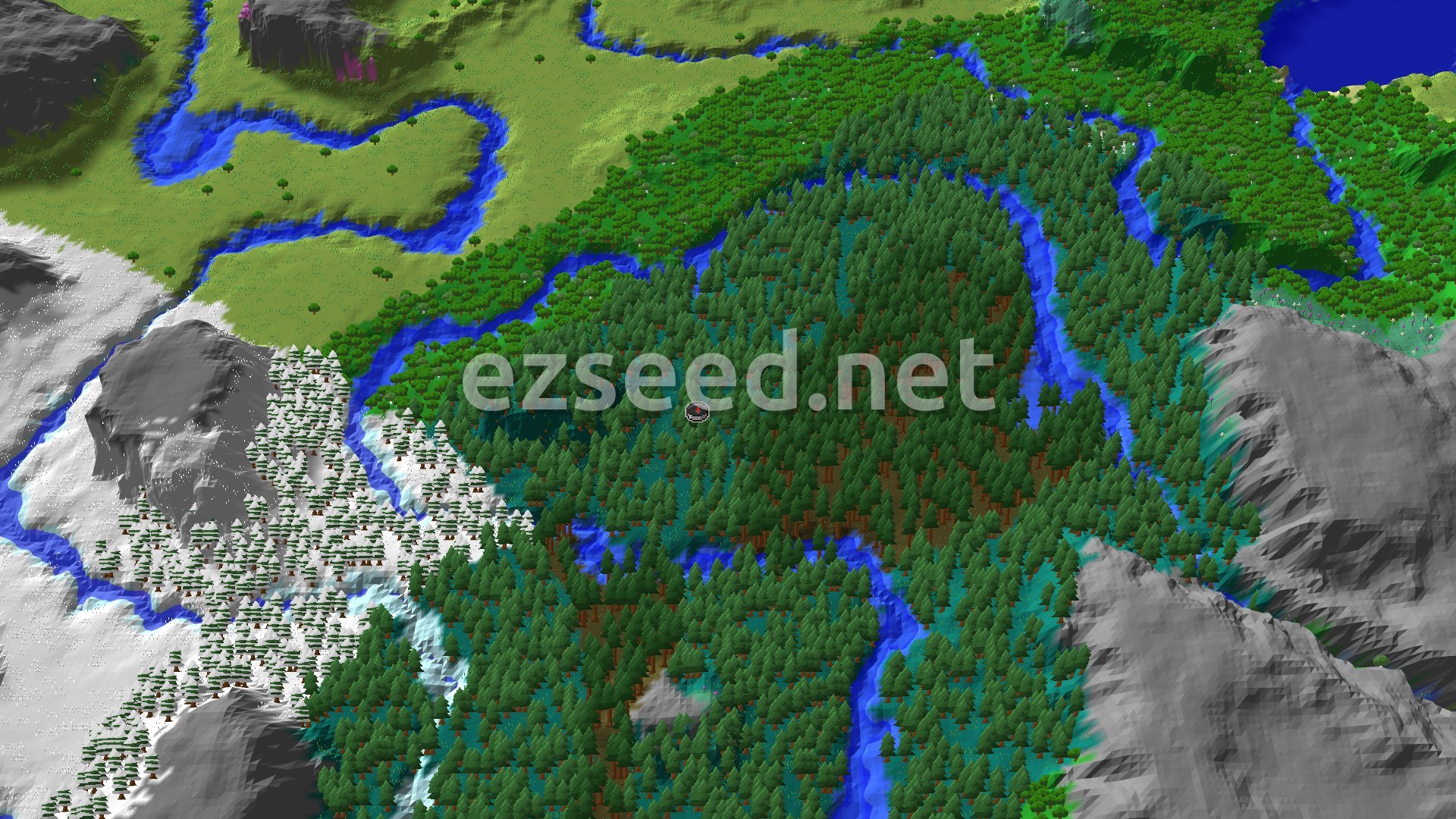 A bird's-eye view of a vast taiga forest with winding rivers, bordered by snowy mountains and a large plains area.