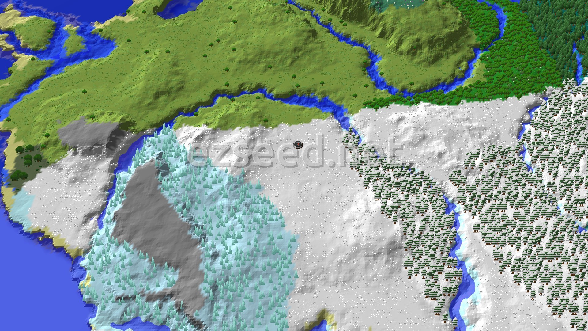 An overhead view of a snowy landscape with a patch of green plains and a river to the north. A dense forest of green trees covers the eastern side, contrasting with scattered snowy trees and gray peaks to the southwest. The spawn marker sits in the white, snow-covered area.
