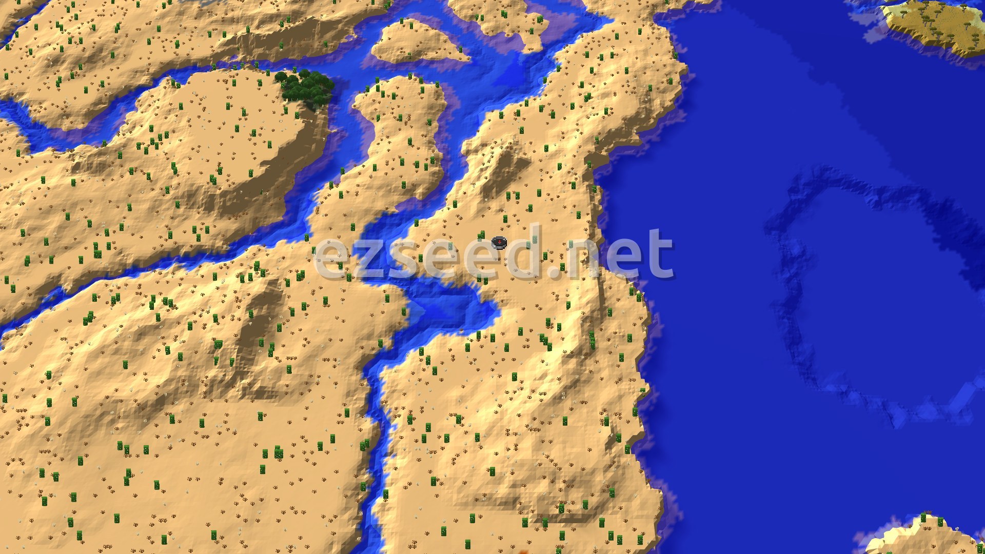 An aerial view of a mostly desert landscape, featuring winding rivers and a large ocean to the east. Sparse green cacti and small clusters of trees dot the sandy terrain, with rolling hills and some deeper ocean trenches visible.