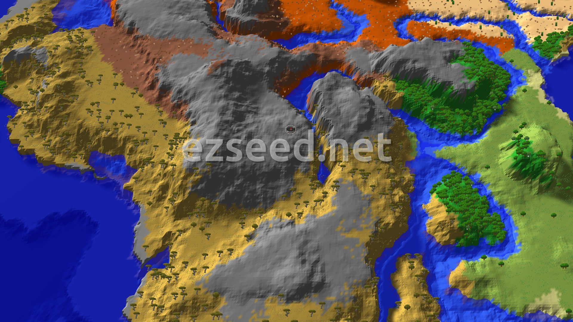 An aerial view showing a central savanna with sparse trees, bordered by a large gray stony peaks biome to the north and east, and dark blue oceans to the west. Patches of red badlands and green forests are also visible.