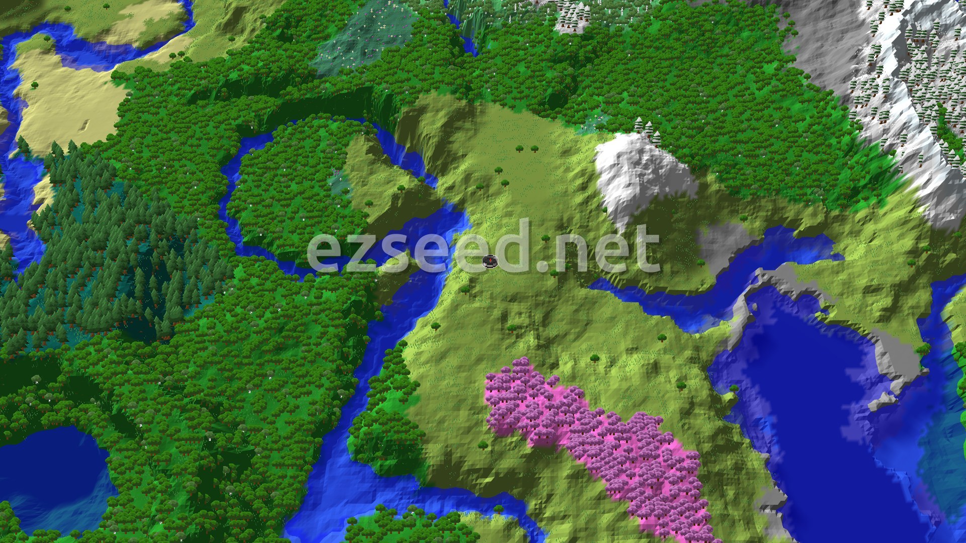 An aerial view of a mostly flat plains biome with scattered forests and a winding river, with distant snowy mountains visible.