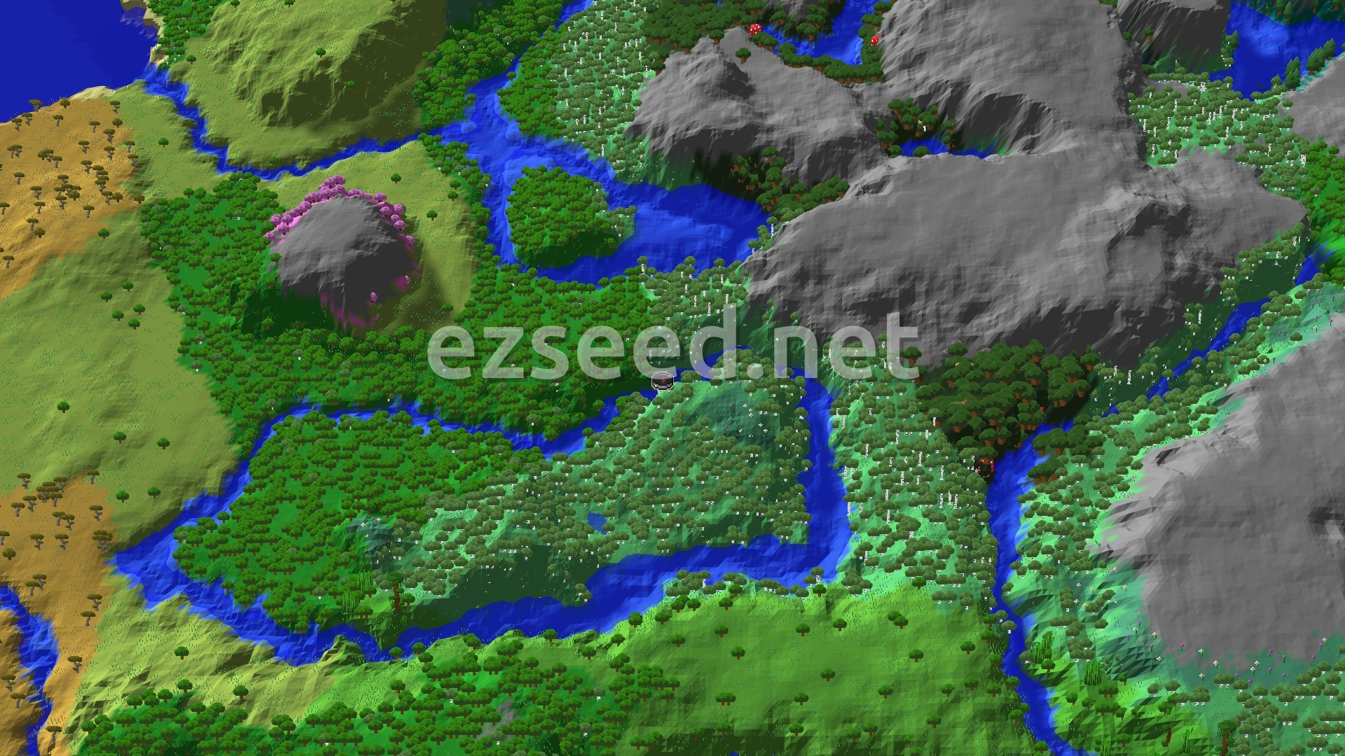 An aerial view of a varied landscape featuring a central birch forest, winding rivers, a prominent pink-leafed cherry grove hill, and various other tree types and terrain elevations.