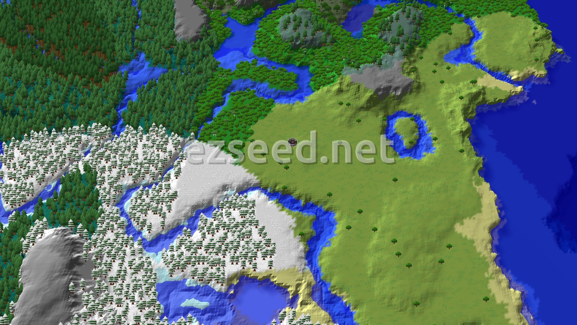 A 3D fly-over of a varied landscape, showing a central plains biome, bordered by a large snowy taiga forest to the southwest, a dense green forest to the northwest, and an ocean to the east with a small sandy beach.