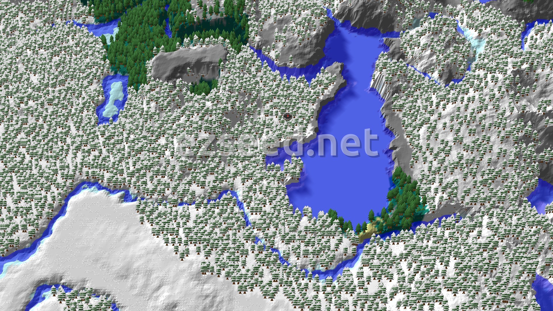 Aerial Minecraft seed map — Snowy Taiga Spawn with Nearby Ancient City