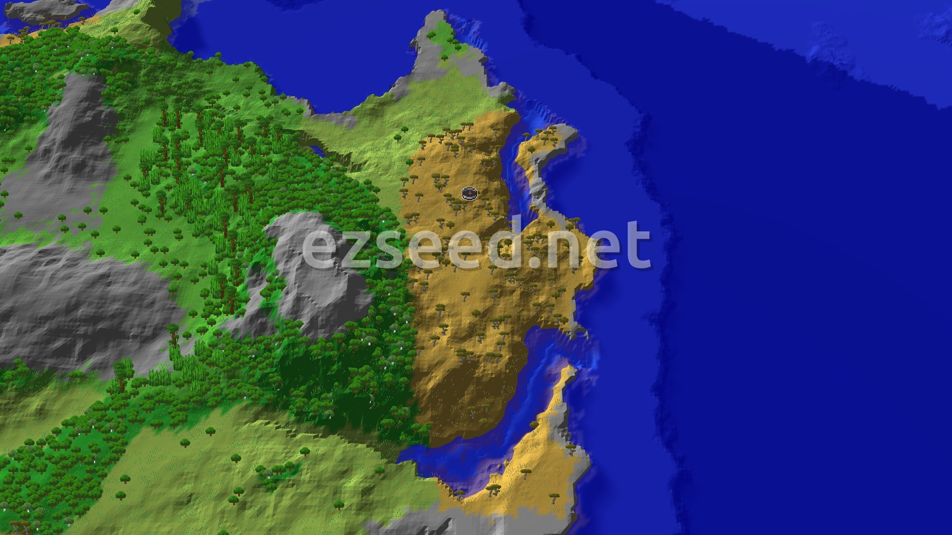 An aerial view of a savanna biome with scattered trees, a dark gray mountain range to the west, and a large body of deep blue ocean to the east. A small spawn marker is visible in the savanna.