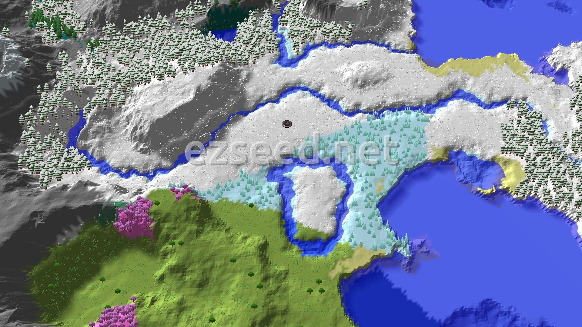 A 3D fly-over shows the spawn marker in a snowy plains biome, bordered by frozen rivers and snow-covered mountains, with forests and a small patch of cherry blossoms to the south.