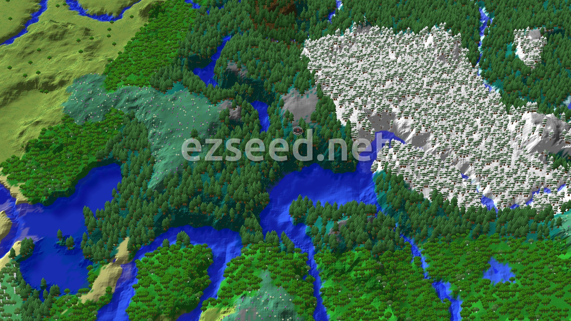 A 3D fly-over of a Minecraft world, showing a mix of green Taiga forests, a large snowy mountain range, and winding blue rivers and lakes, with a small spawn marker in the center of the Taiga.