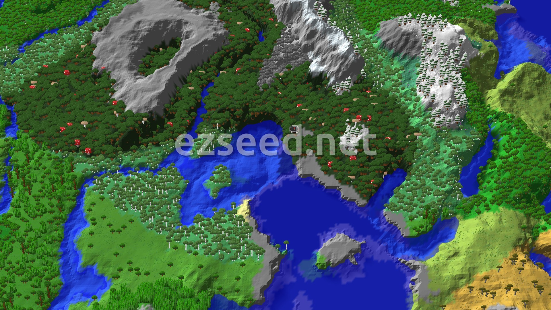 A 3D fly-over of a Dark Forest valley, ringed by higher ground, with a small spawn marker at the center, showing a mix of dense trees and varied terrain.