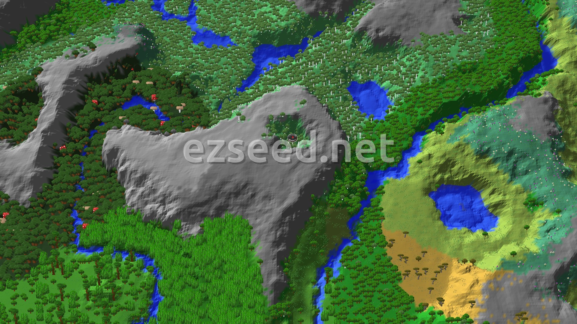 An overhead view of a varied landscape, showing dense green forests, winding blue rivers and lakes, gray mountainous regions, and patches of yellow and light green terrain, with a small red spawn marker in the center.