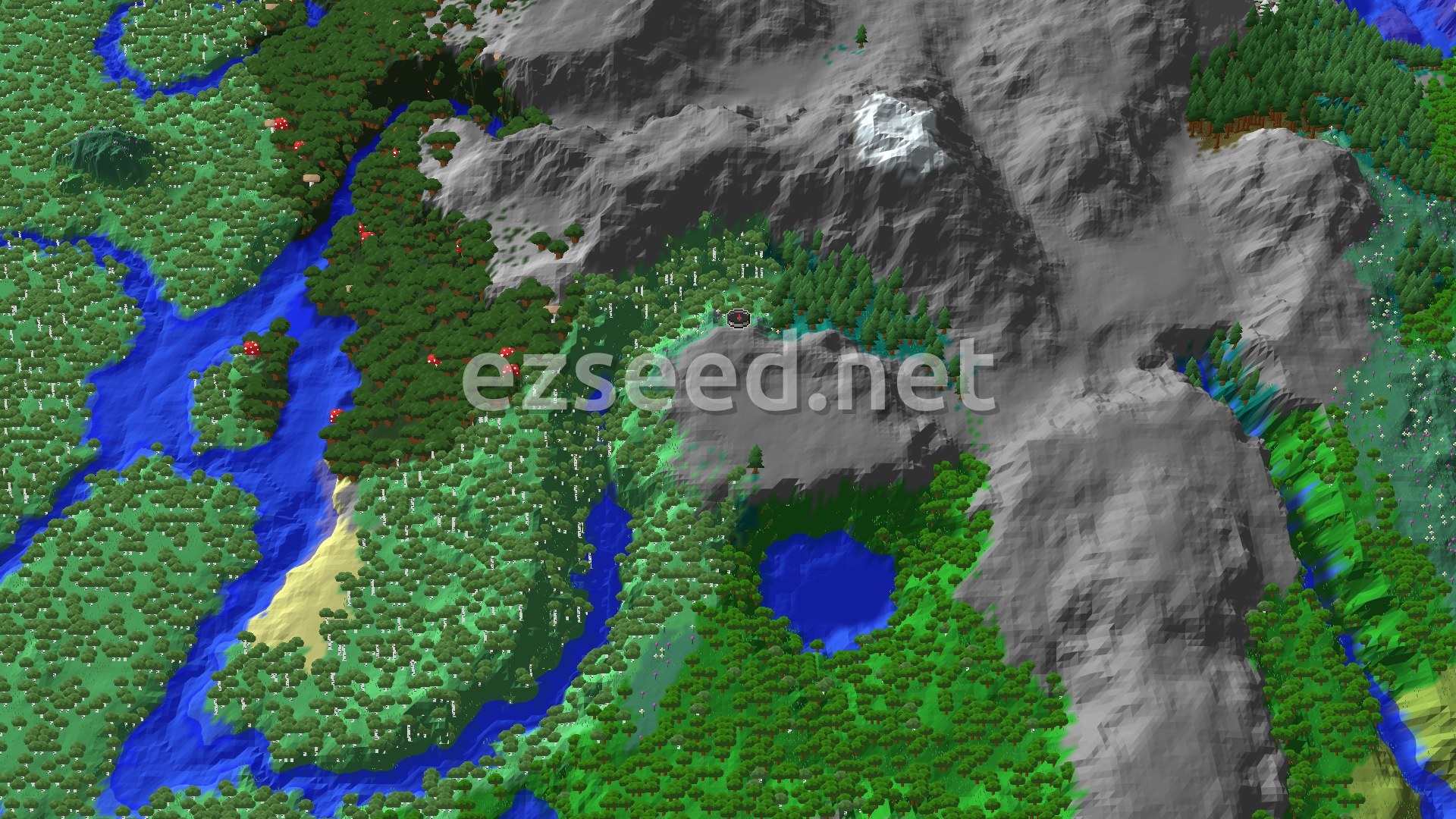 An overhead view shows a green, forested landscape with a winding river and a large, grey mountain range to the north and east, partially snow-capped.