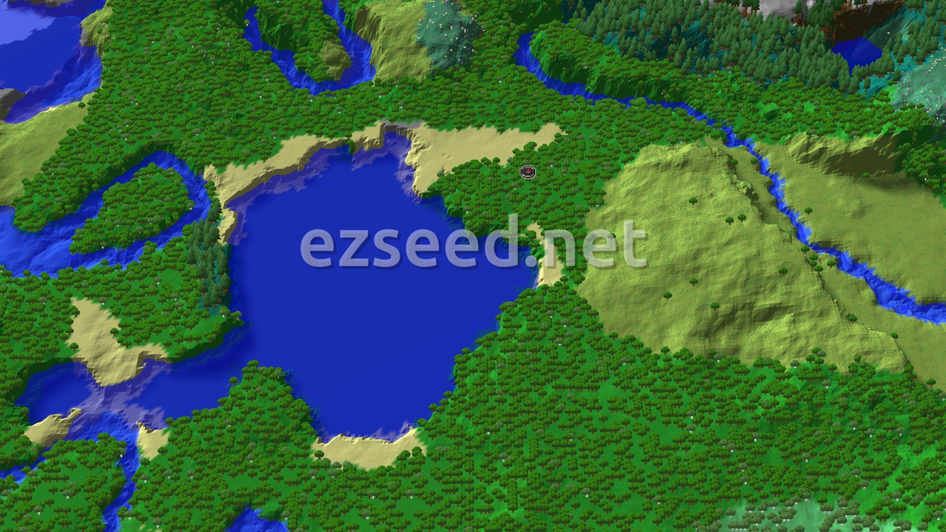 An aerial view of a mostly forested spawn area, with a large lake and rivers running through.