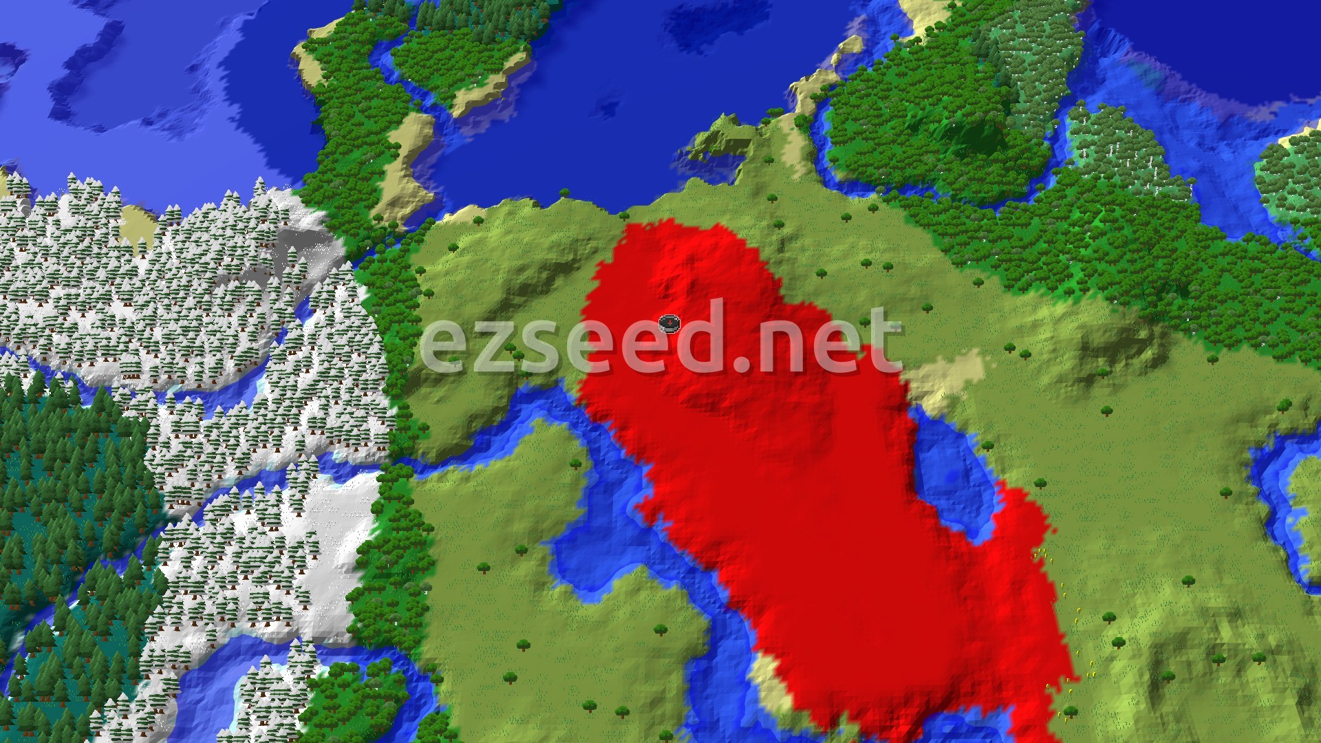 An aerial view of a Dappled Forest at spawn, surrounded by Plains and a wide Frozen Ocean to the north, with various trees and subtle elevation changes.