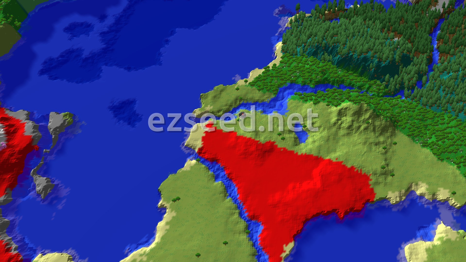An aerial view of a mostly flat plains biome with scattered trees and a river, leading towards distant snowy peaks and a darker forest.