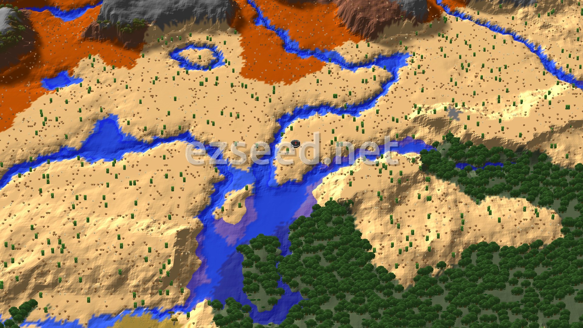 An aerial view shows a vast desert landscape crisscrossed by winding rivers, with patches of green trees and distant mountains under a clear sky. A small spawn marker is visible in the center.