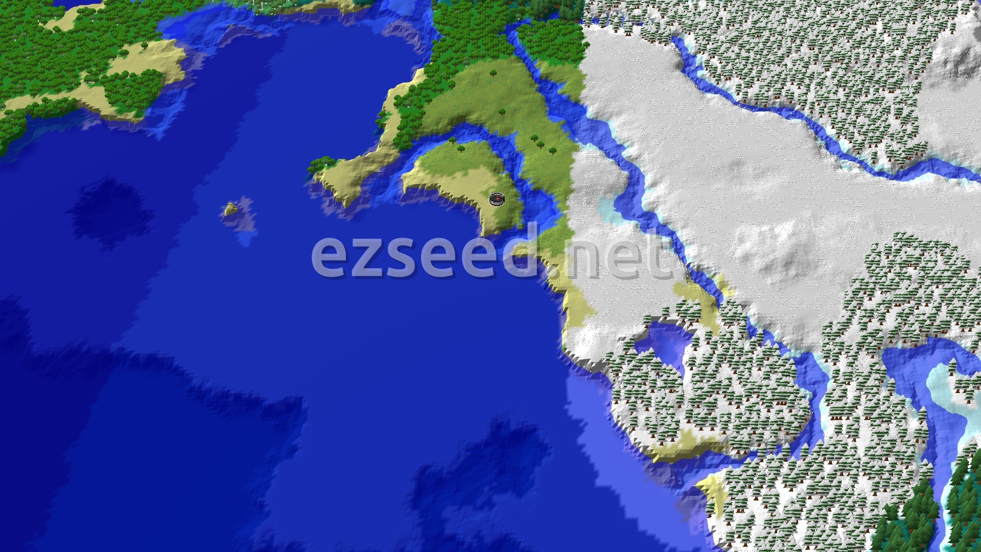 An aerial view of the spawn area, showing a small plains peninsula surrounded by cold ocean, with a snowy taiga biome to the east across a frozen river.