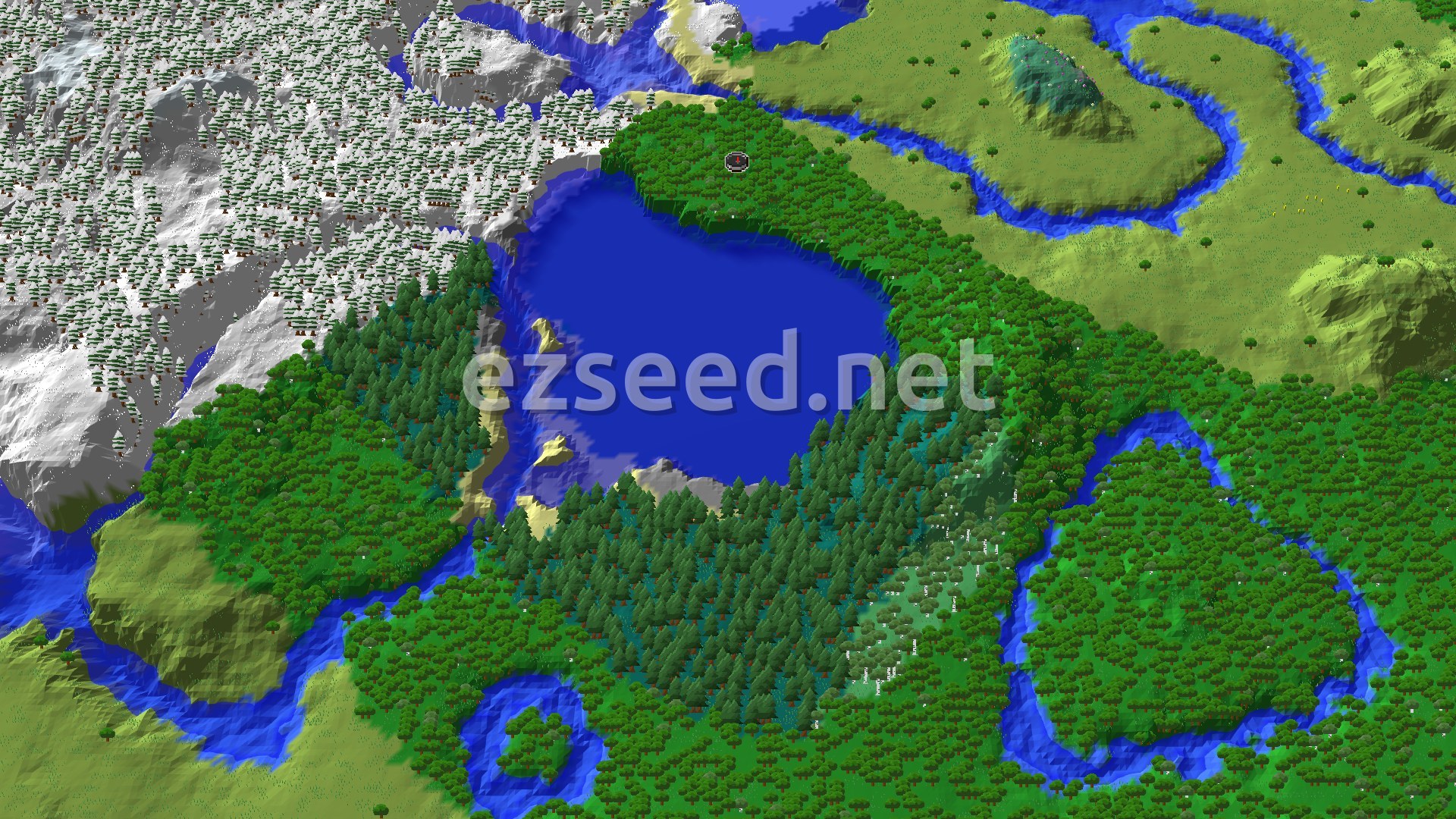 Aerial Minecraft seed map — Forest Spawn with Nearby Abandoned Village