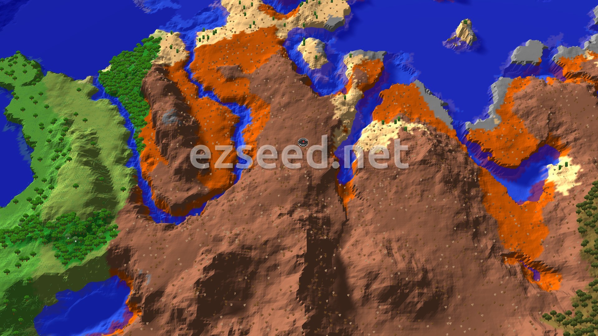 An aerial view of the spawn area shows a large expanse of red and orange badlands terrain, with rivers and small bodies of water cutting through it. To the left, a lush green forest biome with scattered trees rises, contrasting with the dry badlands. The spawn marker is visible in the center of the badlands.