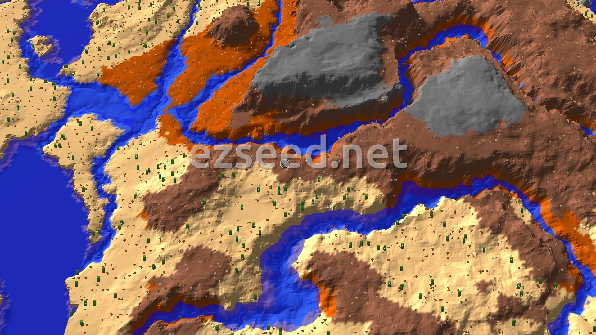 A 3D render of the spawn area, showing a mix of sandy desert, orange and grey badlands, and a winding blue river.