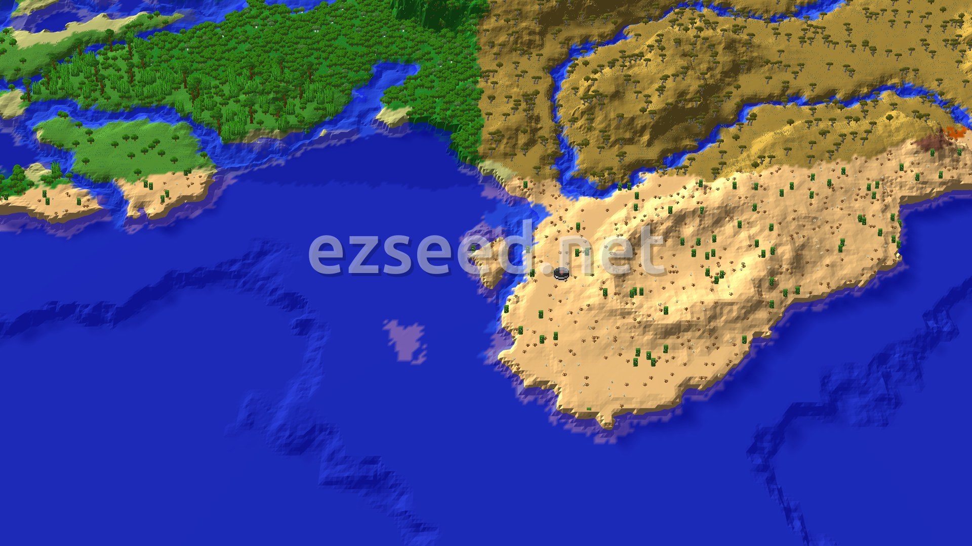 An overhead view shows a large desert biome, marked with a spawn point, next to a vast warm ocean. To the north, a savanna leads into a dense forest. Rivers cut through the landscape.