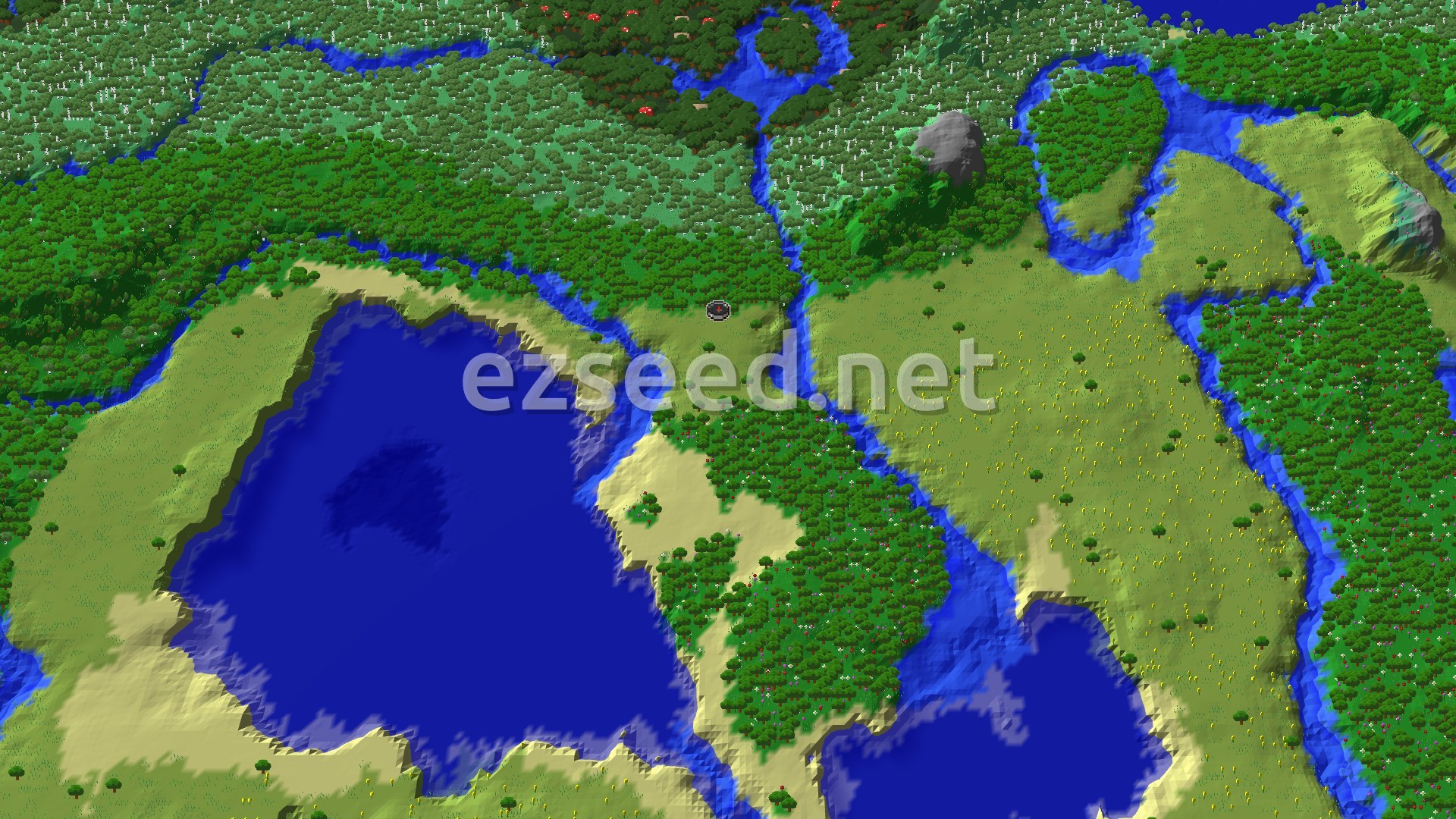 An aerial view of a mostly flat, green landscape with a large body of water, meandering rivers, and dense forests, with a small marker at the center.