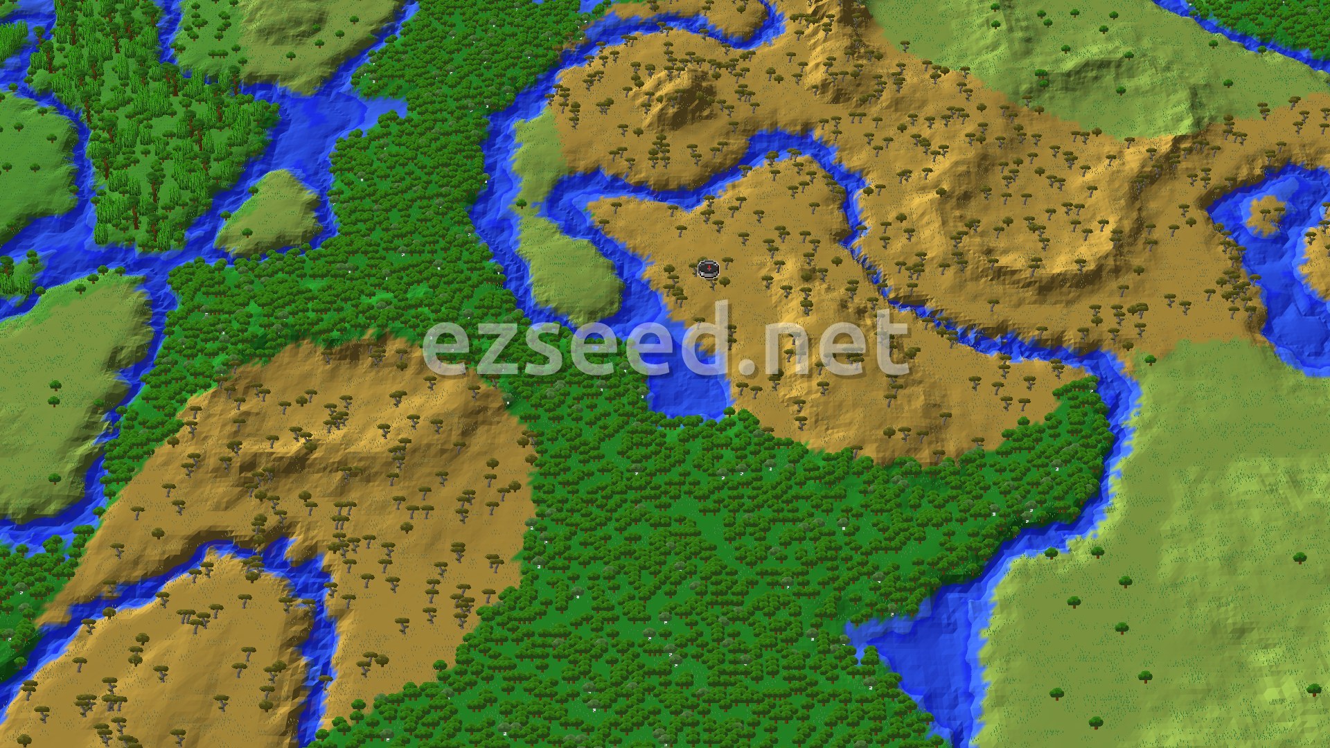 A 3D overhead view of a Minecraft landscape, showing a large savanna biome with scattered acacia trees, bordered by a winding river and dense green forests.