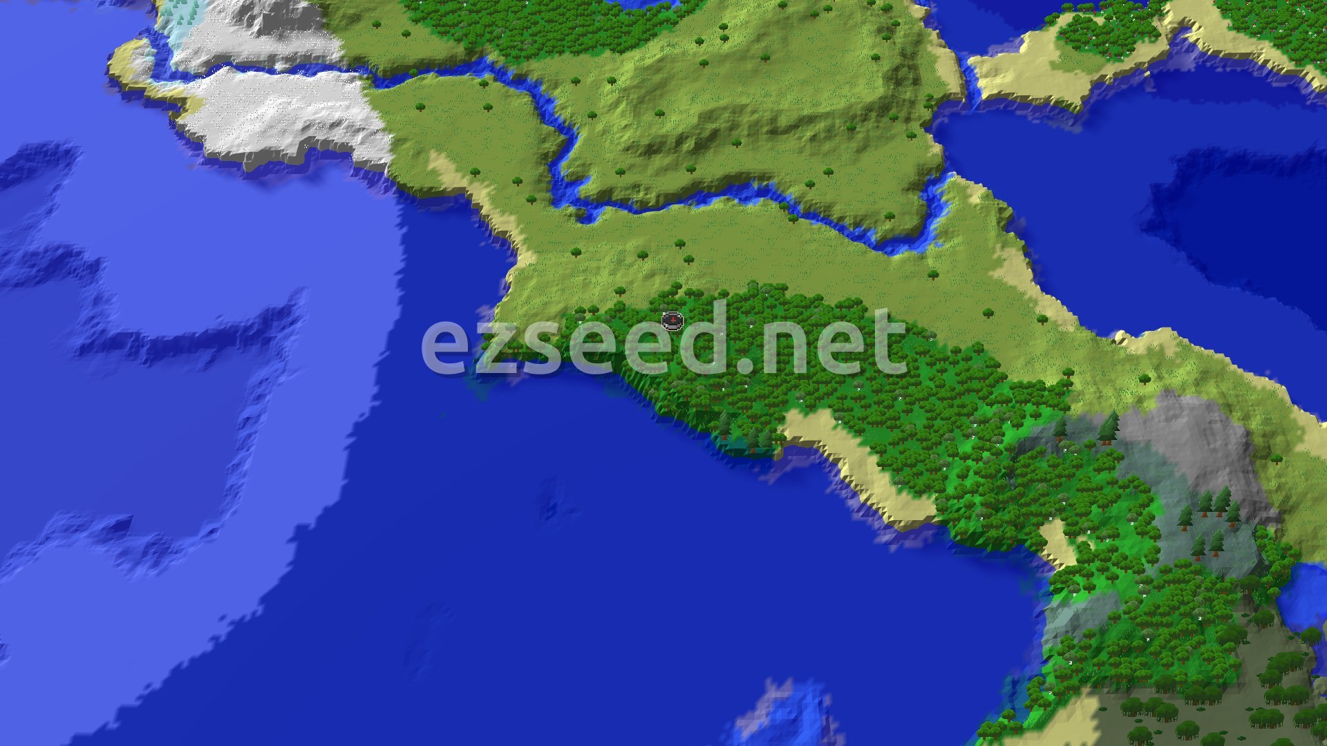 A top-down 3D render of a Minecraft world. The center shows a player spawn point in a dense forest, bordered by a large ocean to the south and west. To the north, the forest transitions into plains and then a snowy, mountainous region with rivers running through it.