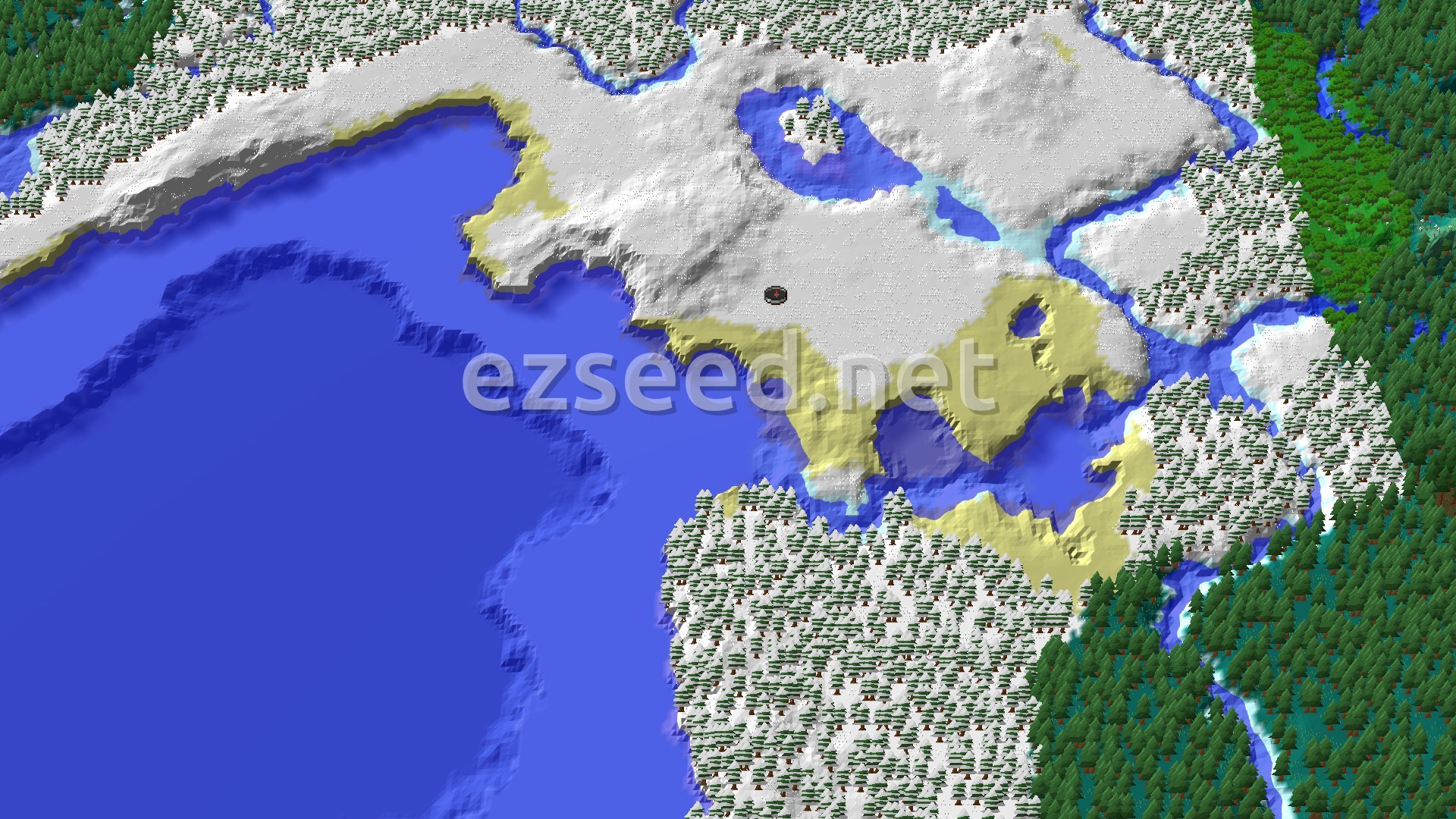 An aerial view of a snowy landscape with a large frozen ocean to the west, snowy plains, and snowy taiga forests, with a small spawn marker in the center.